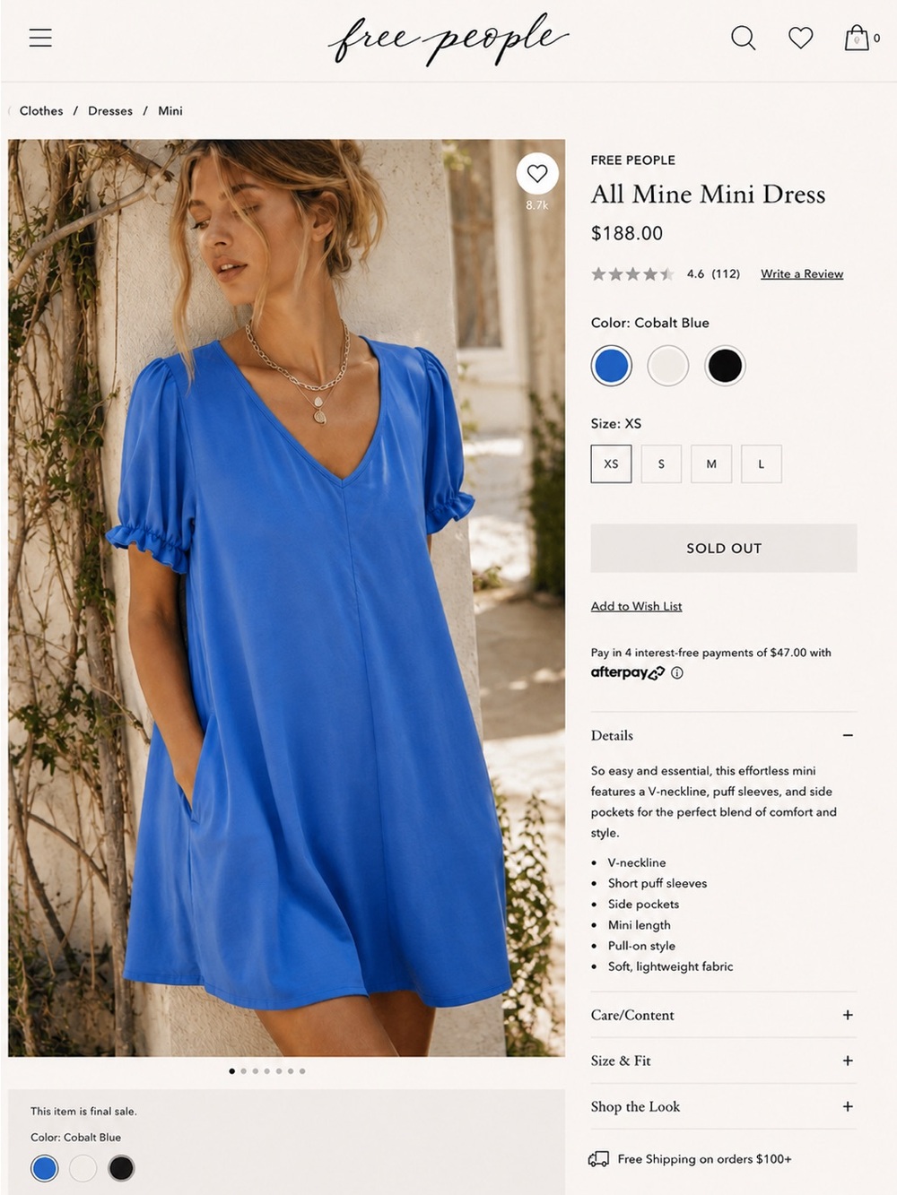Free People All Mine Mini Dress in Cobalt Blue
